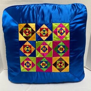 MCM Satin Applique Patchwork Pillow Cover Royal Blue Chartreuse Cube Retro Mod